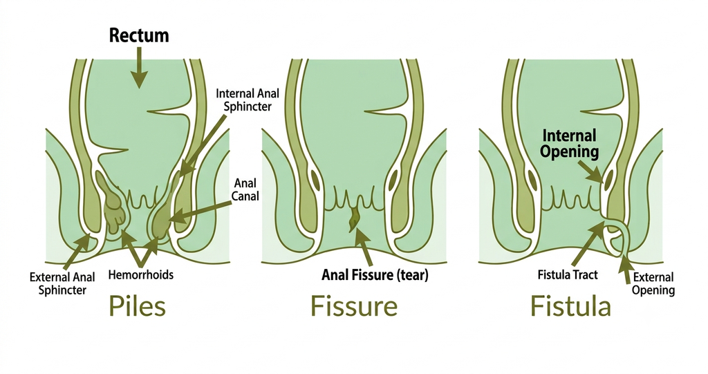 Piles fissure fistula homeopathy guide: labeled diagram comparing hemorrhoids, anal fissure and anal fistula