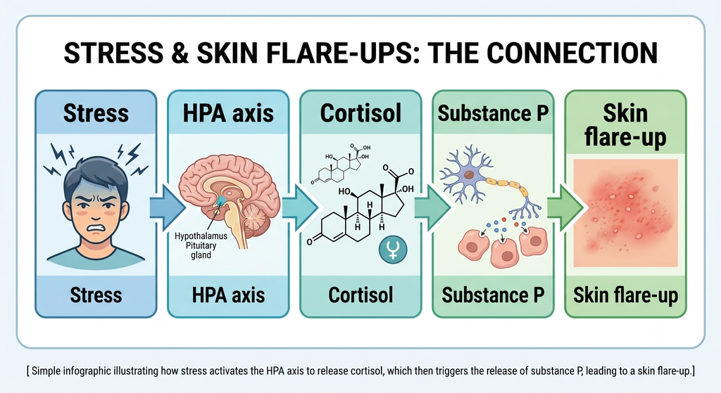 Diagram showing how stress and chronic skin disease are linked through the HPA axis, cortisol and Substance P