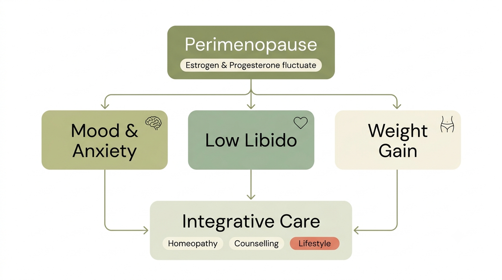 Perimenopause homeopathy treatment flowchart showing mood, libido and weight gain symptoms and integrative care